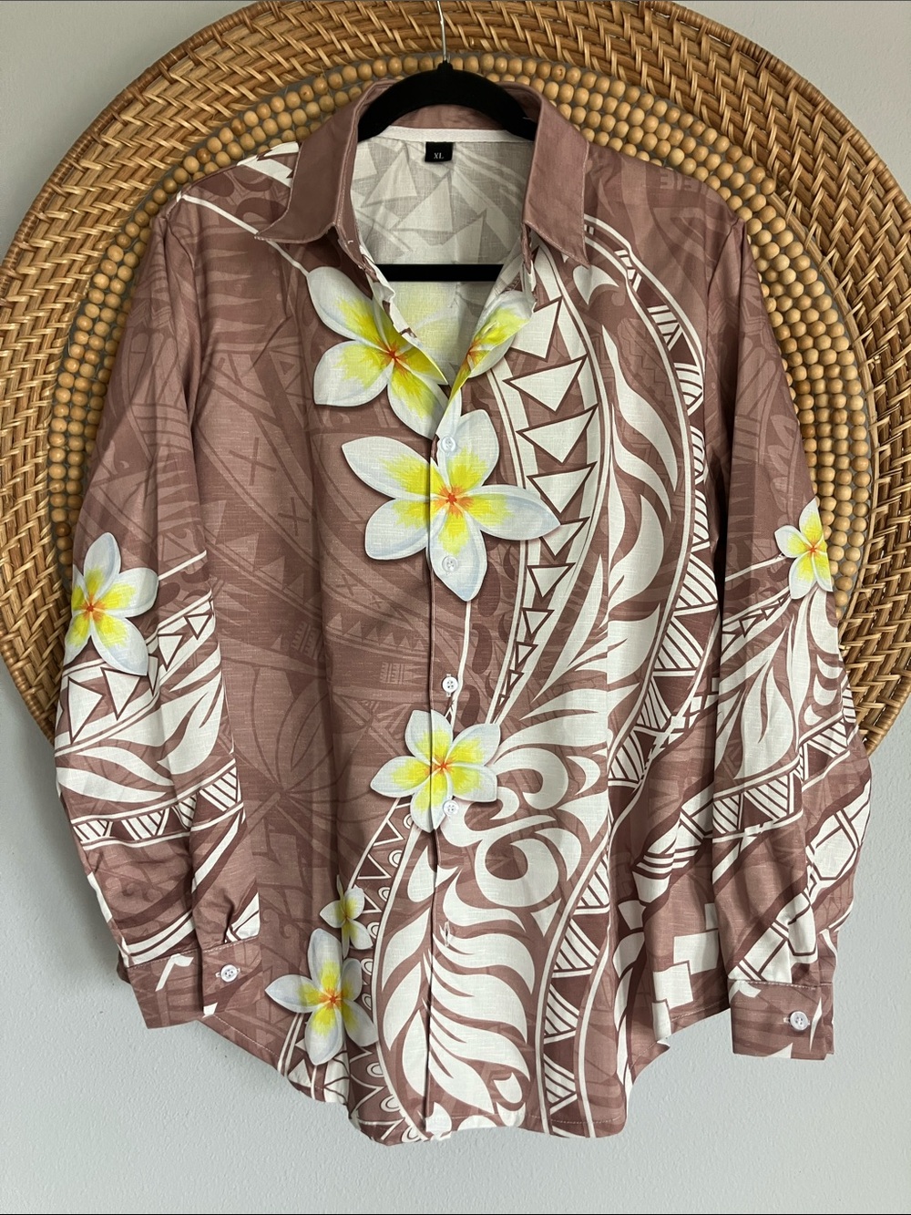 Women’s Brown Hawaiian Aloha Shirt with Plumeria Print